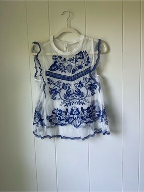 Anthropologie White Sheer Top with Blue Embroidery
